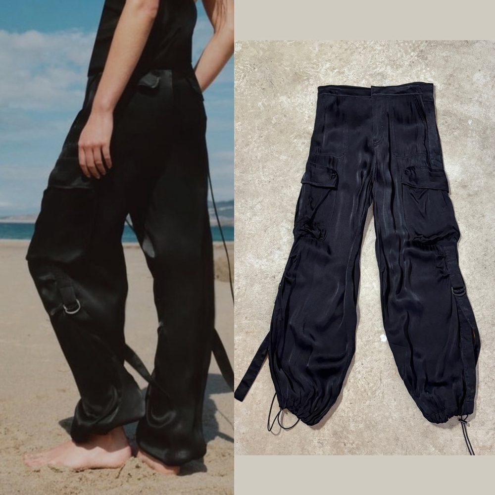 Zara High Waist Satin Effect Cargo Trouser Pants Women’s Small Black Pockets